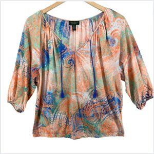 Ralph Lauren Blouse Paisley Peasant Tassel Tie Neck 3/4 Sleeve Orange, MP